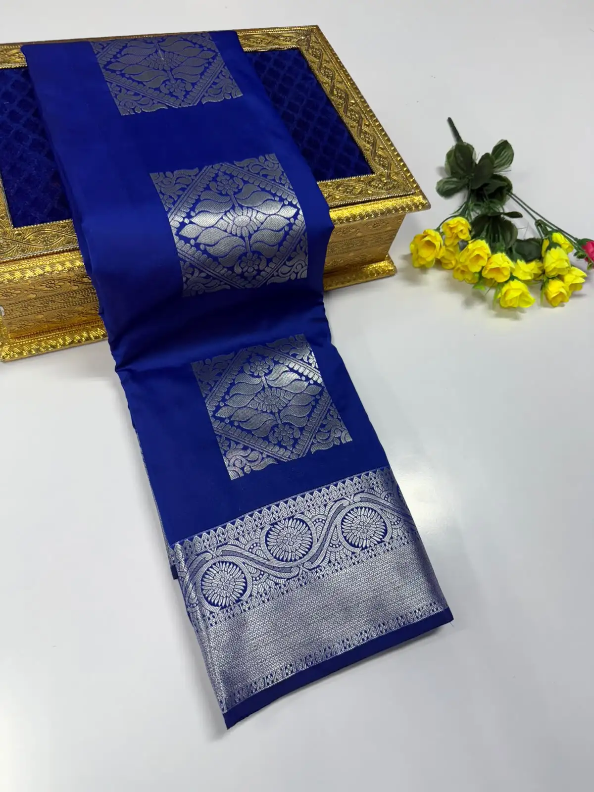 Peacock Square Box Zari Butta Floral Border Semi Kanchipuram Silk Saree